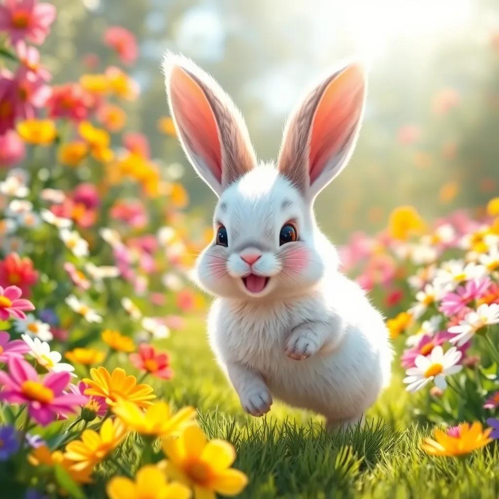 A small rabbit, with fluffy white fur and big ears, playing happily in a colorful garden filled with flowers, bright morning sunlight shining, cheerful atmosphere, digital art, vibrant colors, joyful scene, high quality
