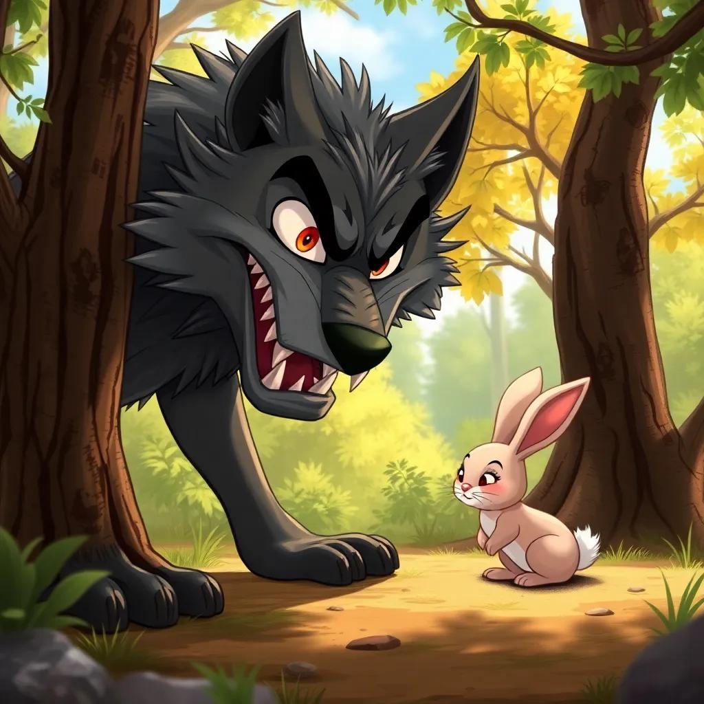 A cunning wolf, with sharp teeth and a sly grin, approaching the small rabbit under a tree, surrounded by a sunny forest, tension in the air, illustration, detailed, suspenseful scene, child-friendly