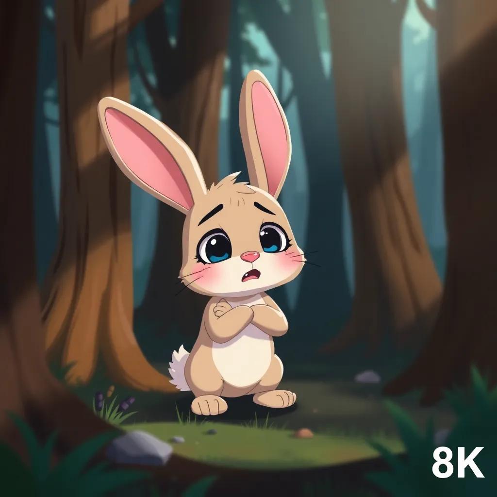 A small rabbit, lost in a dark forest, crying and calling for his mom with big, sad eyes, surrounded by tall trees and shadows, cheerful illustration, vibrant colors, child-friendly, joyful atmosphere, high quality