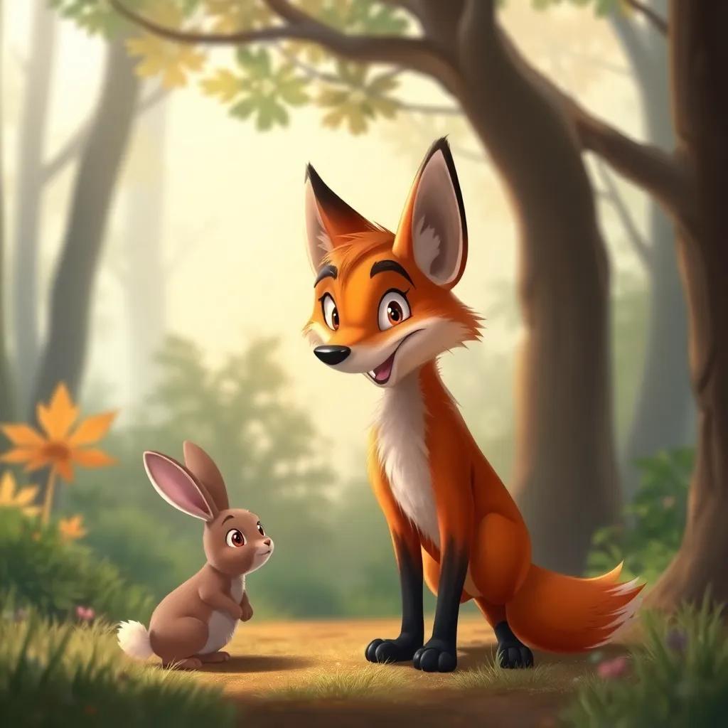 A sly fox, approaching the small rabbit in the forest with a cunning smile, standing among the trees, a sneaky look in his eyes, playful art style, warm light, inviting colors, high quality