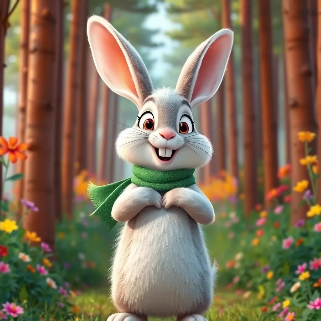 A proud rabbit, with fluffy white fur, wearing a green racing scarf, standing in a colorful forest with tall trees, bright flowers, looking boastfully, digital art, cheerful, vibrant colors, engaging perspective, high quality