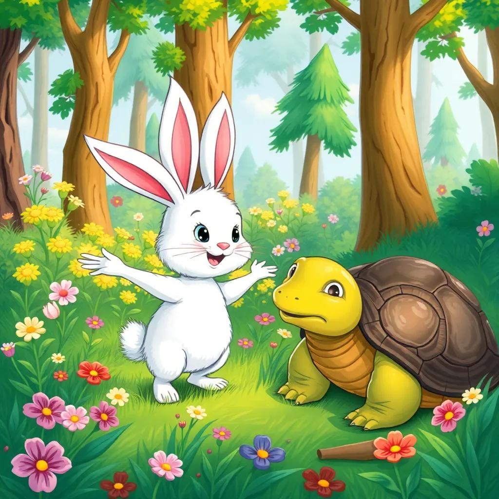 A small energetic rabbit named Toto, with fluffy white fur and big ears, standing excitedly in a colorful green forest filled with flowers and tall trees, talking to a wise old turtle with a gentle expression, children's book illustration, bright colors, cheerful atmosphere, high quality
