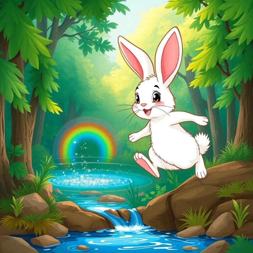 A brave rabbit named Toto, with fluffy white fur and big ears, jumping over a small stream in a vibrant green forest, observing a sparkly rainbow lake ahead, adventure-themed illustration, lively colors, inviting scenery, high quality