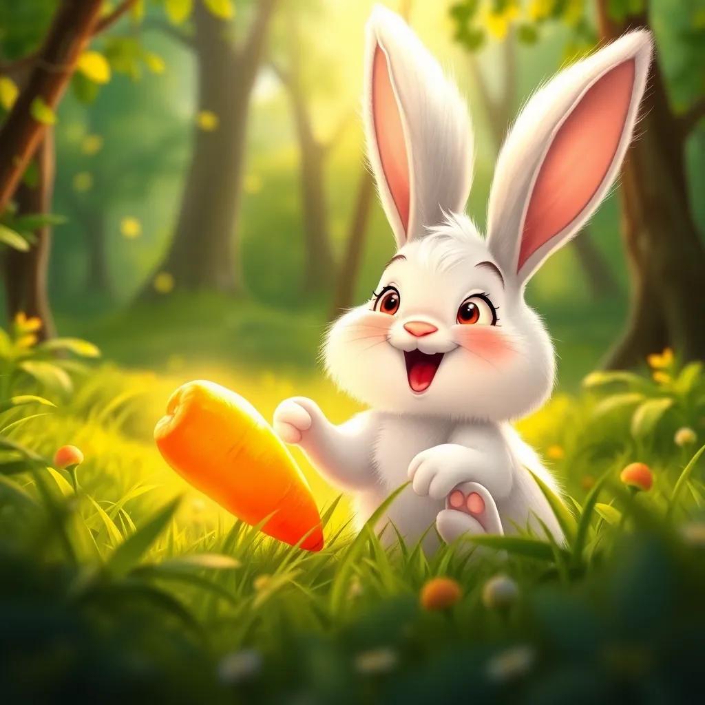 A cheerful rabbit, Rami, with fluffy white fur and long ears, discovering a glowing golden carrot in a green forest, excited expression, child-friendly digital art, vibrant colors, warm sunlight, inviting atmosphere, high quality