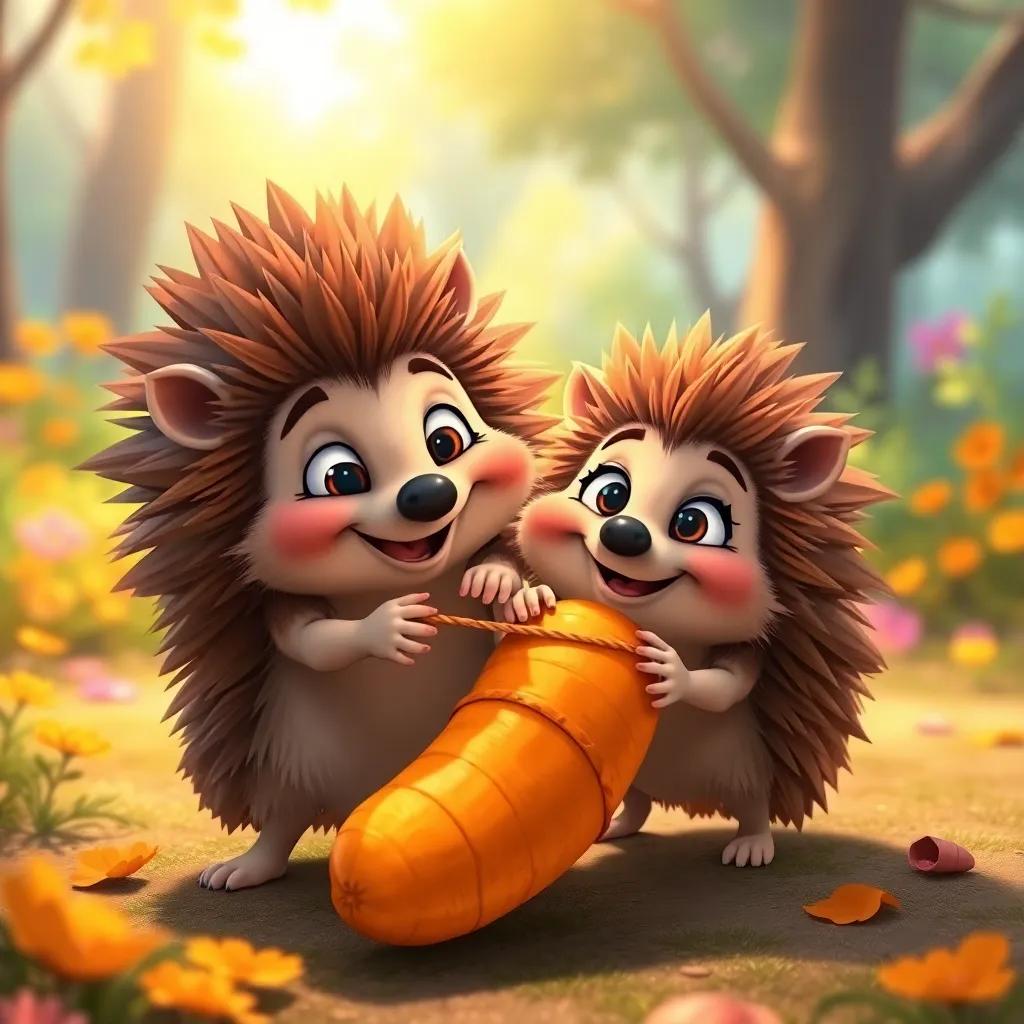 Rami and Karam, a friendly hedgehog with brown spiky fur, working together to pull the heavy golden carrot, face expressions showing effort, bright colorful forest background, cheerful illustration, warm light, dynamic view, engaging imagery