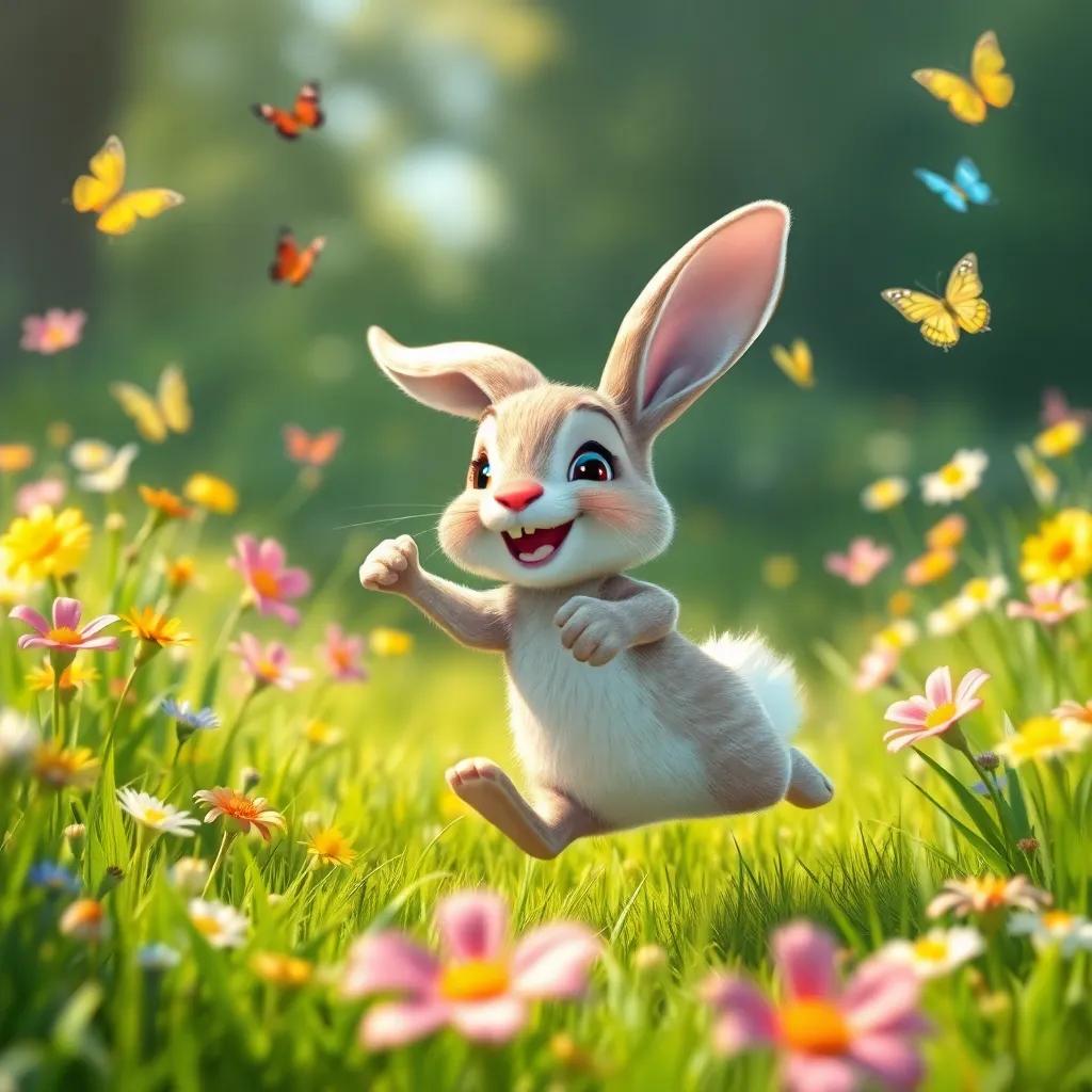 A small rabbit named Natat, energetic and sprightly, hopping joyfully in a lush green meadow with flowers, bright sunlight, colorful butterflies fluttering around, cheerful atmosphere, digital art, vibrant colors, engaging scenery, high quality
