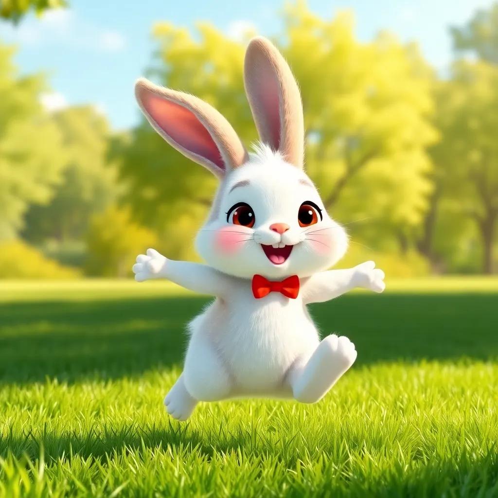 A small bunny named Nataat, with fluffy white fur, wearing a small red bow tie, hopping joyfully in a sunny green park, digital art, bright colors, cheerful atmosphere, high quality