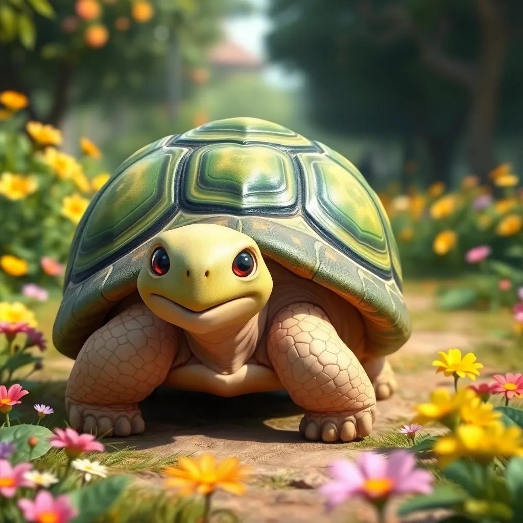 A tortoise named Salwa, with a beautiful green shell, walking slowly in the same park, smiling kindly, surrounded by colorful flowers, digital art, vibrant colors, friendly vibe, high quality