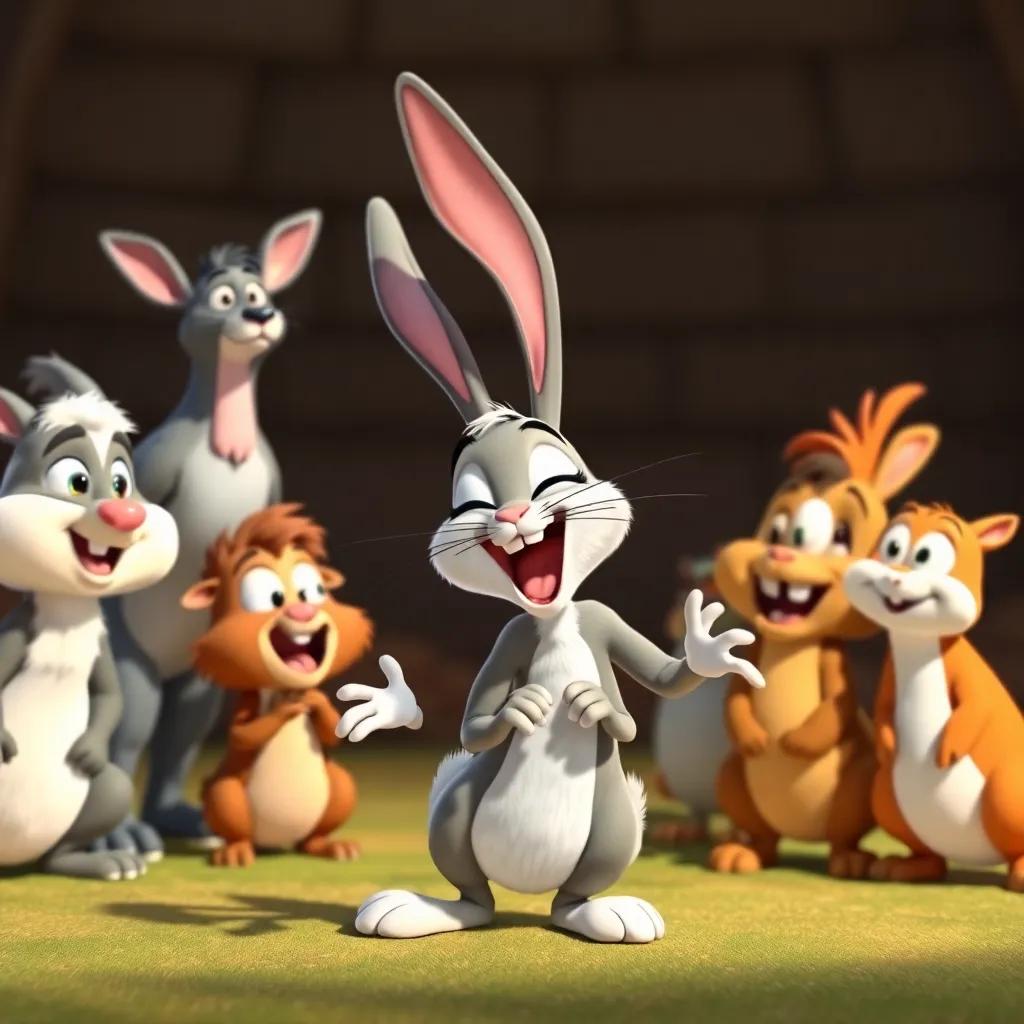Nataat the bunny laughing at his friends, showcasing his speed, while the animals look on with mixed expressions, digital art, lively setting, cartoonish style, high quality