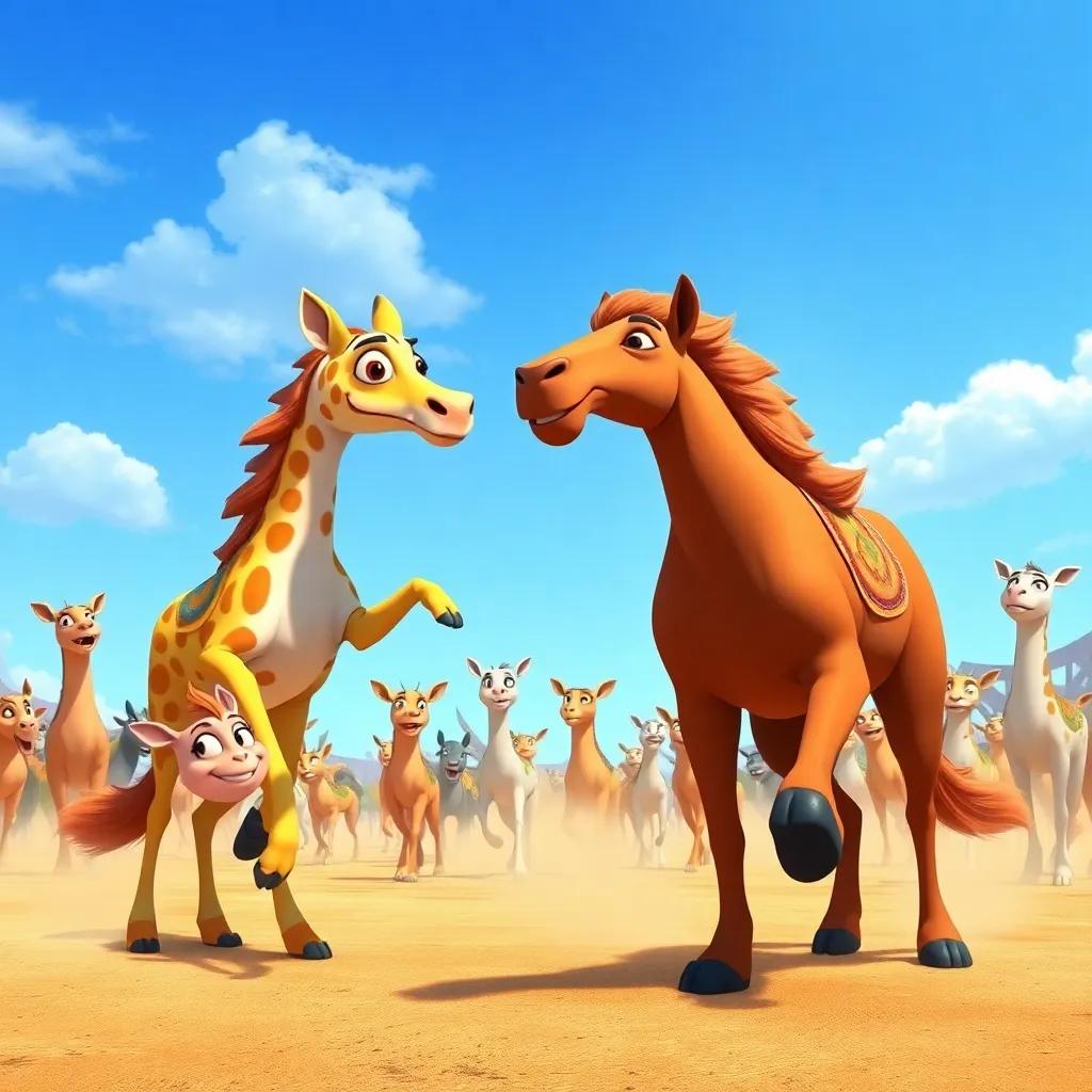 Nataat and Salwa preparing to race, with other animals gathered around excitedly, a clear blue sky overhead, bright colors, dynamic atmosphere, high quality