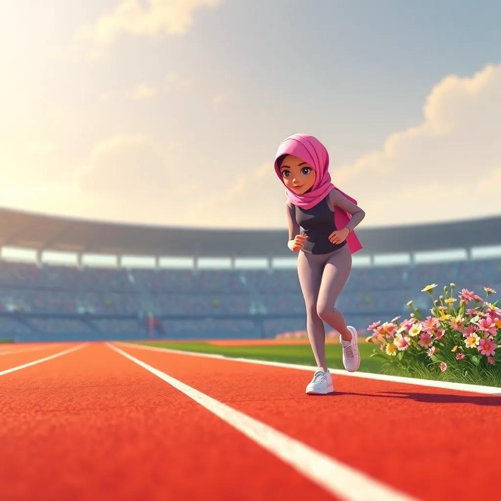 Salwa stepping steadily along the racetrack, focusing on her goal, with flowers alongside, digital art, warm colors, determination theme, high quality