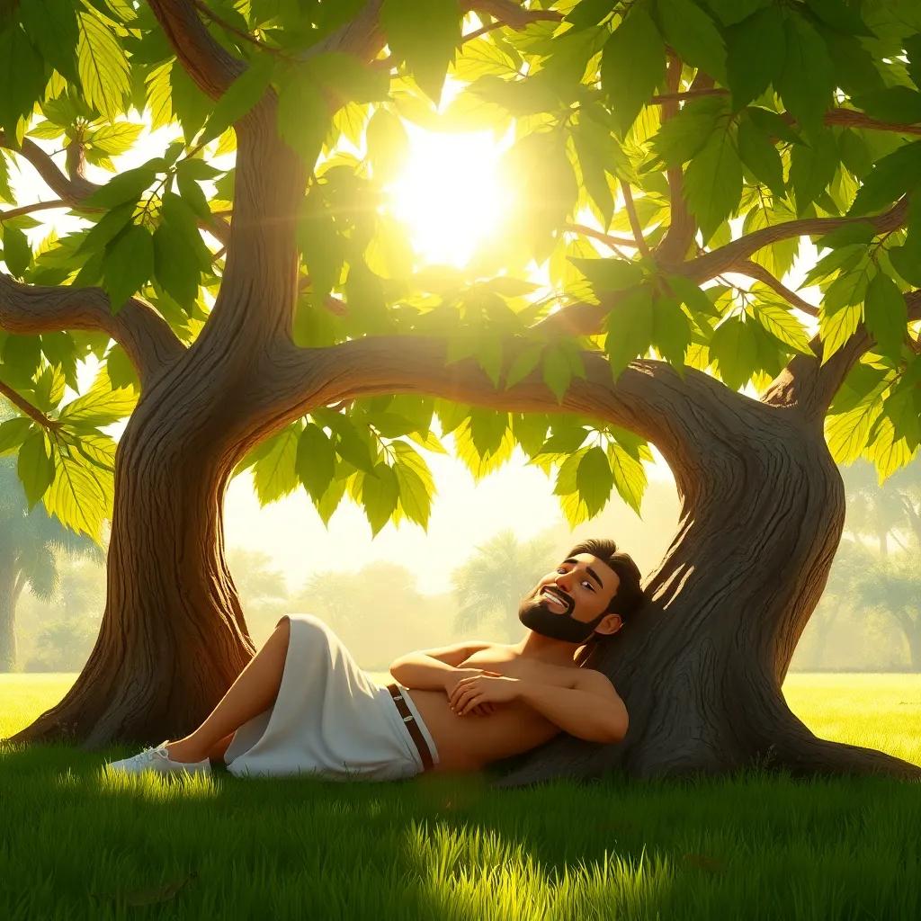 Nataat resting under a big leafy tree, looking relaxed and confident, with bright sun rays surrounding him, digital art, serene atmosphere, high quality