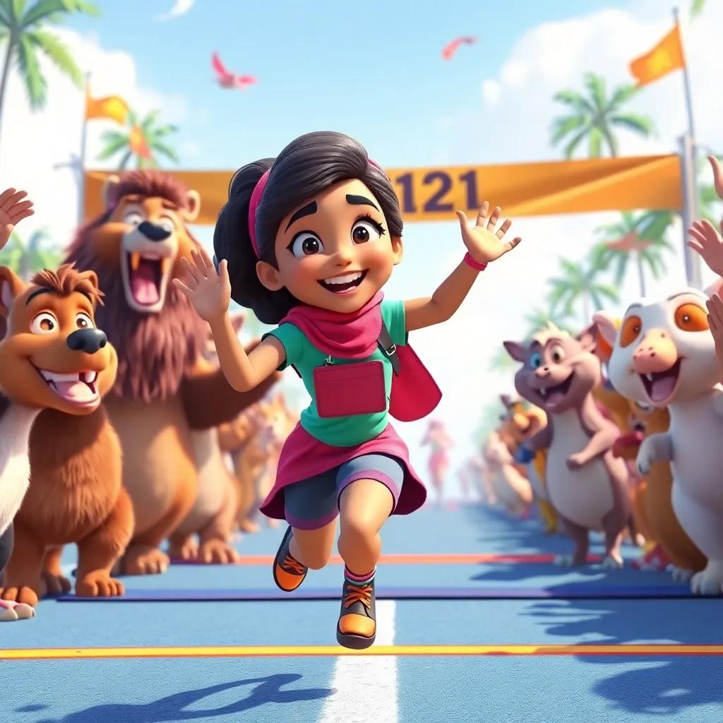 Salwa reaching the finish line, with cheering animals surrounding her, celebrating her victory, bright and joyous colors, vibrant scene, high quality