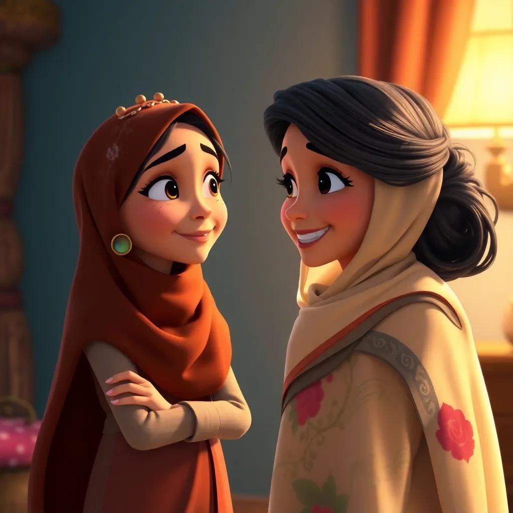Nataat feeling embarrassed, looking at Salwa with admiration as she smiles back, digital art, emotional scene, warmth and acceptance, high quality