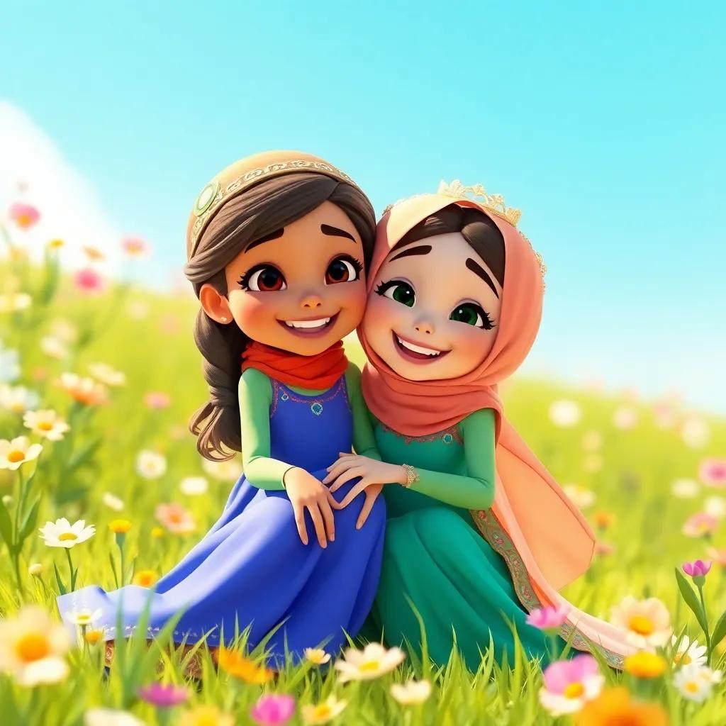 Nataat and Salwa playing together after the race, enjoying their friendship in a sunny meadow with blooming flowers, digital art, bright and joyful, high quality