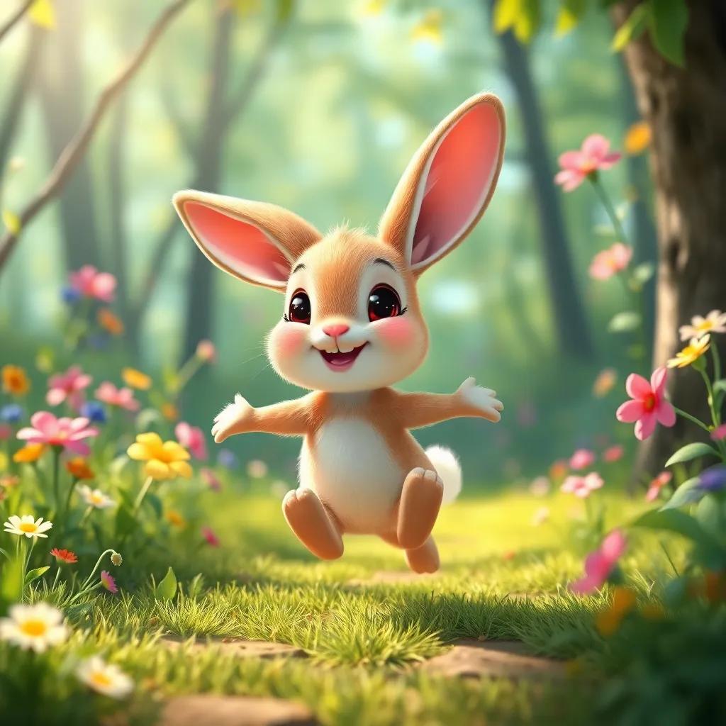 A small rabbit named Lulu, a cute and friendly creature, hopping joyfully in a beautiful green forest with colorful flowers, digital art, bright colors, warm sunlight, inviting atmosphere, high quality
