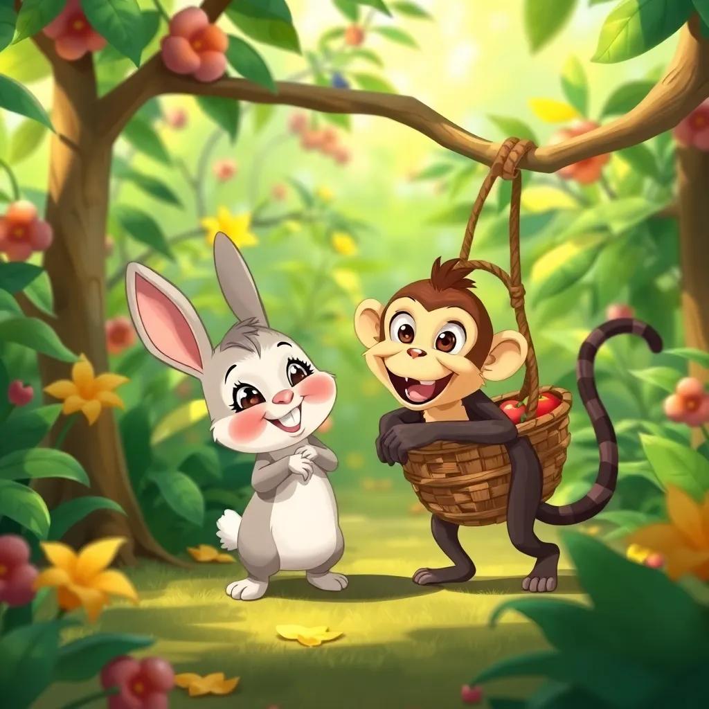 Lulu, the small rabbit, cheerfully helping Zuzu, a playful monkey, with a heavy basket of fruits, in vibrant green surroundings, illustration, lively, cheerful, child-friendly, bright colors