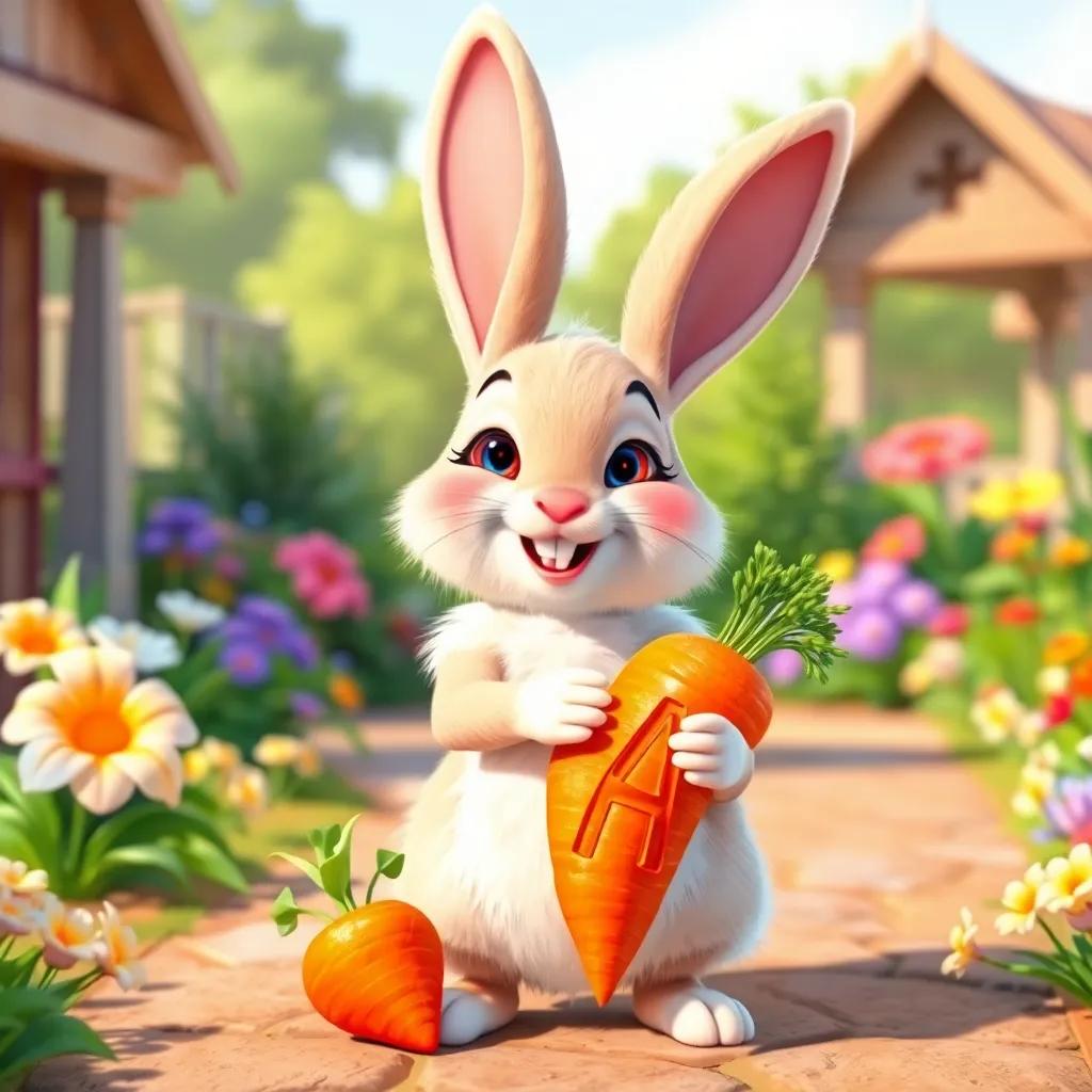 A joyful rabbit, Lolo, with fluffy white fur and big ears, standing in a sunny garden, holding a unique carrot with the letter 'A' carved on it, vibrant colors, cheerful atmosphere, high quality