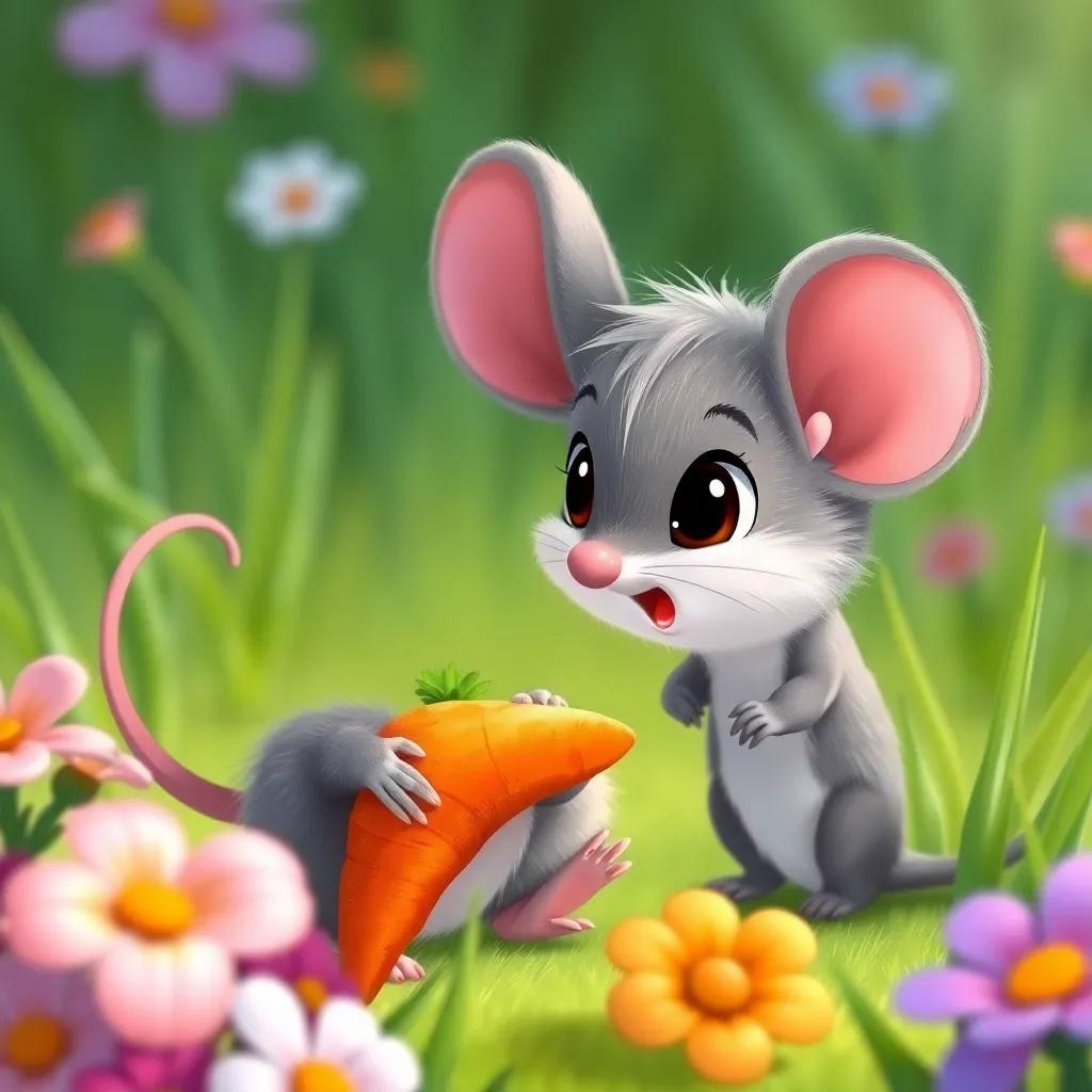 A curious little mouse, Mimo, with gray fur and a tiny tail, looking excitedly at Lolo and the special carrot, surrounded by flowers and green grass, colorful, friendly, illustration