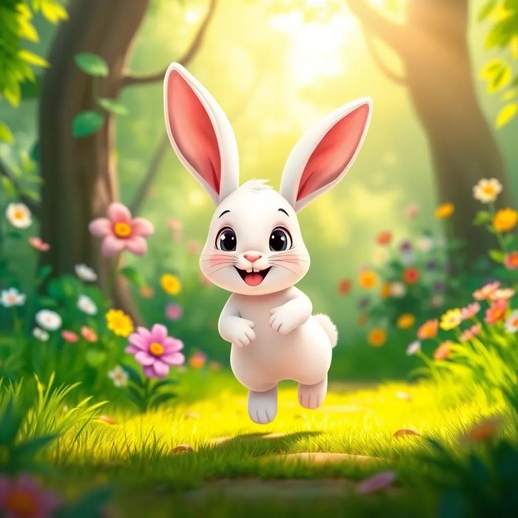A cute bunny, a small white rabbit with big ears, happily bouncing in a lush green forest with colorful flowers and bright sunlight, joyful atmosphere, cartoon style, vibrant colors, cheerful scene