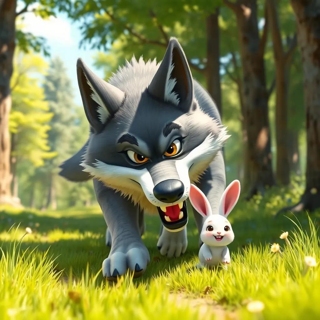 A sly wolf, a large grey and white wolf with sharp teeth and bright eyes, chasing a cute bunny through a sunny forest filled with trees and soft grass, playful, colorful, action scene