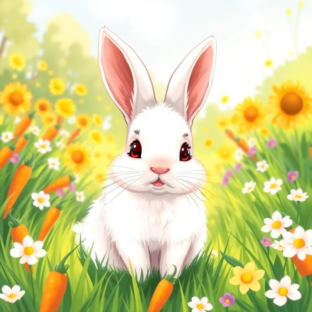 A small rabbit, with fluffy white fur and big ears, looking around in a sunny meadow filled with carrots and flowers, digital art, bright and cheerful, vibrant colors, playful perspective, high quality