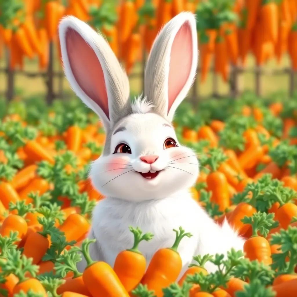 A happy rabbit, Nuno, with fluffy white fur and long ears, talking to a farmer in a sunny carrot field filled with bright orange carrots, illustration, colorful, cheerful scenes, soft light, inviting atmosphere, high quality