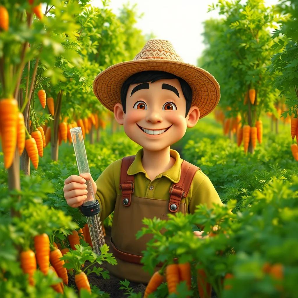 A smiling farmer, with a straw hat, watering trees in a vibrant carrot field, with lush green leaves and bright orange carrots around, digital art, warm light, lively, friendly, high quality