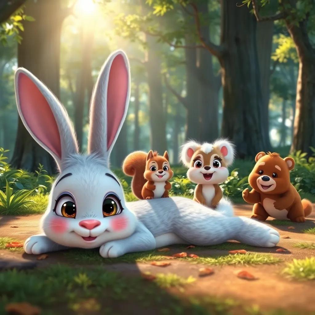 A beautiful forest scene with a lazy rabbit, Arnoob, lying on the ground with big, expressive eyes, while two energetic friends, Sangoob, a small squirrel with fluffy fur and bright eyes, and Dadoob, a small bear with a friendly smile, search for food, bright sunlight filtering through the trees, digital art, vibrant colors, cheerful atmosphere, high quality