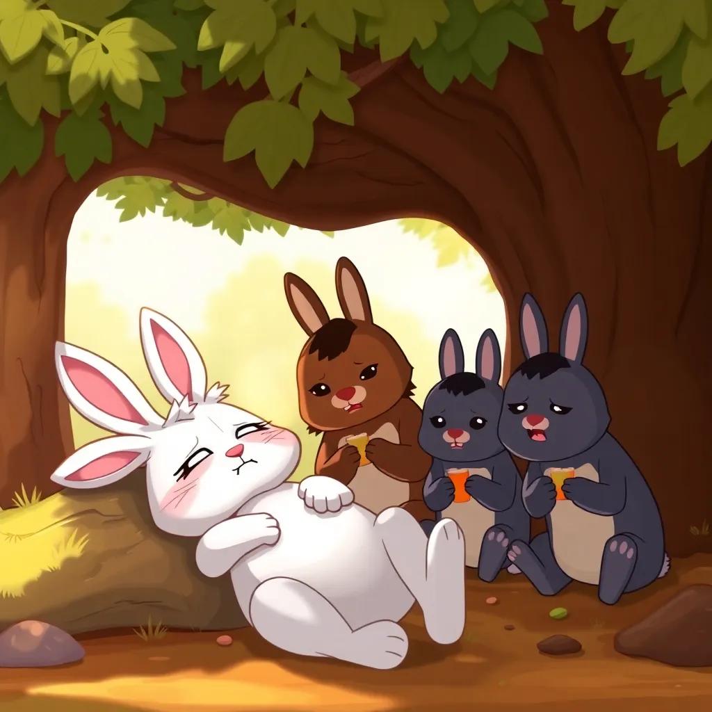 Arnoob the rabbit lying under a tree with a sad expression, while Sangoob and Dadoob worry, holding food in their paws, illustrated in a cartoon style, warm light, friendly colors, comforting vibe, high quality