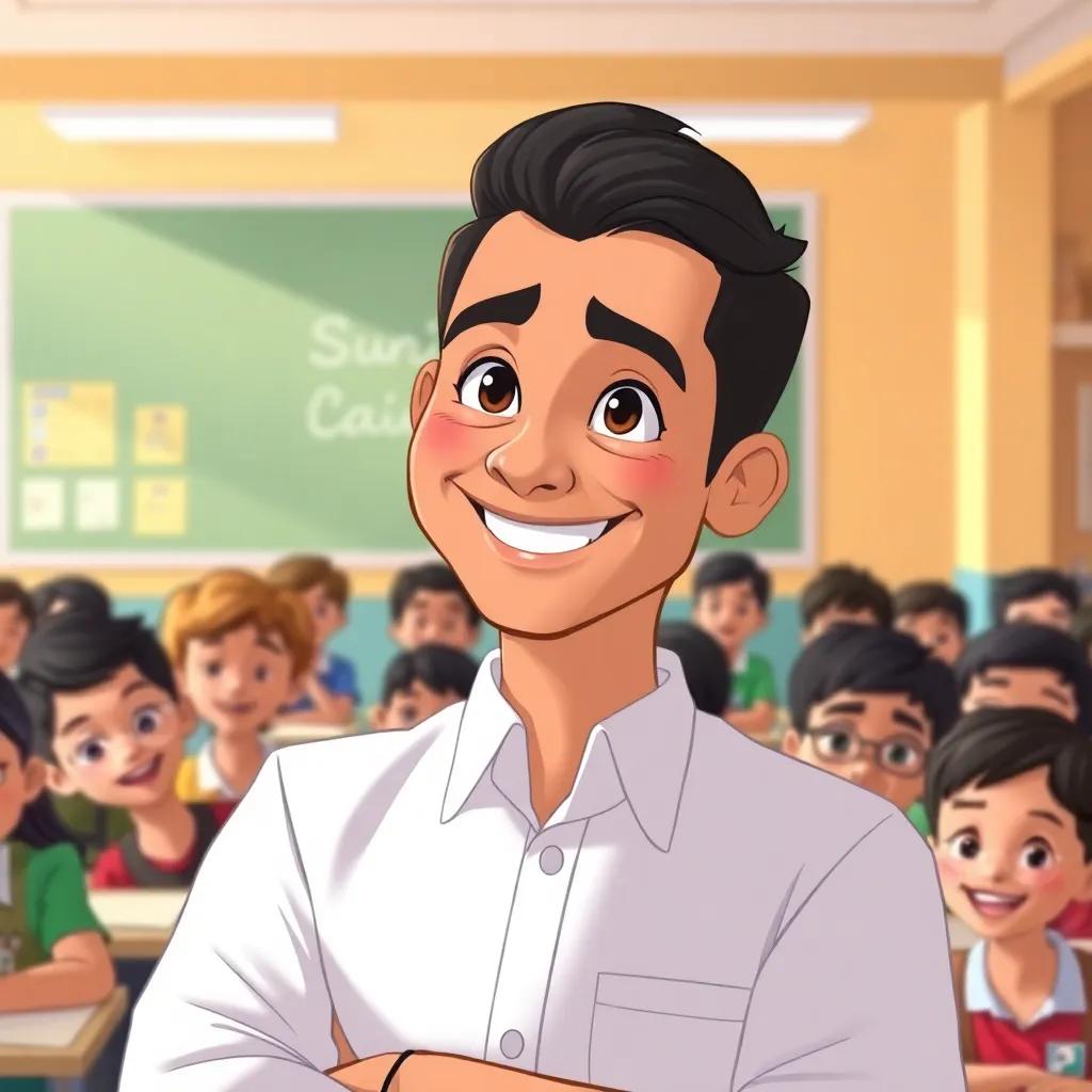 A beloved teacher, Suleiman, smiling in a classroom filled with eager students, digital illustration, bright colors, warm light, inviting atmosphere, high quality
