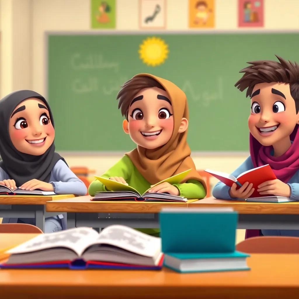Happy students, Fatima, Ahmed, and Salem, sitting at their desks with books open, looking inspired, vibrant colors, cheerful mood, high quality