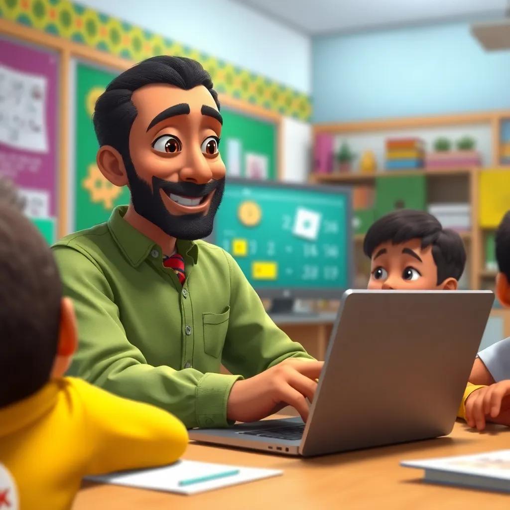 Suleiman, a kind teacher, using a laptop to engage students, displaying math games on a screen, colorful classroom setting, highly detailed digital art