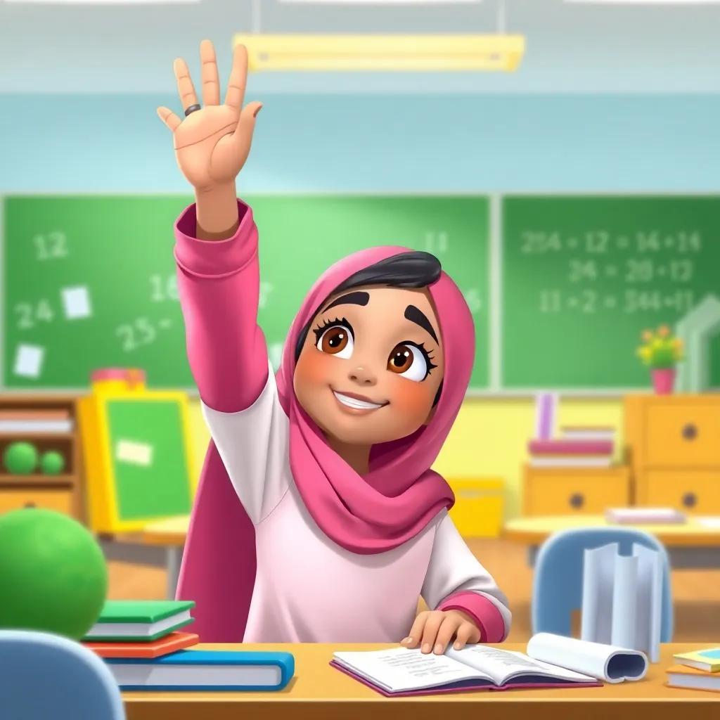 Fatima, an enthusiastic student, raising her hand while pondering a math problem, bright classroom with various math materials around, colorful illustration, child-friendly