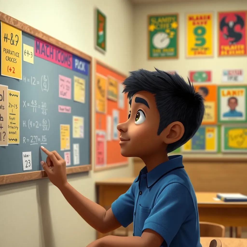 Ahmed, a determined student, solving a math problem on the board, classroom filled with motivational posters, dynamic atmosphere, engaging digital art