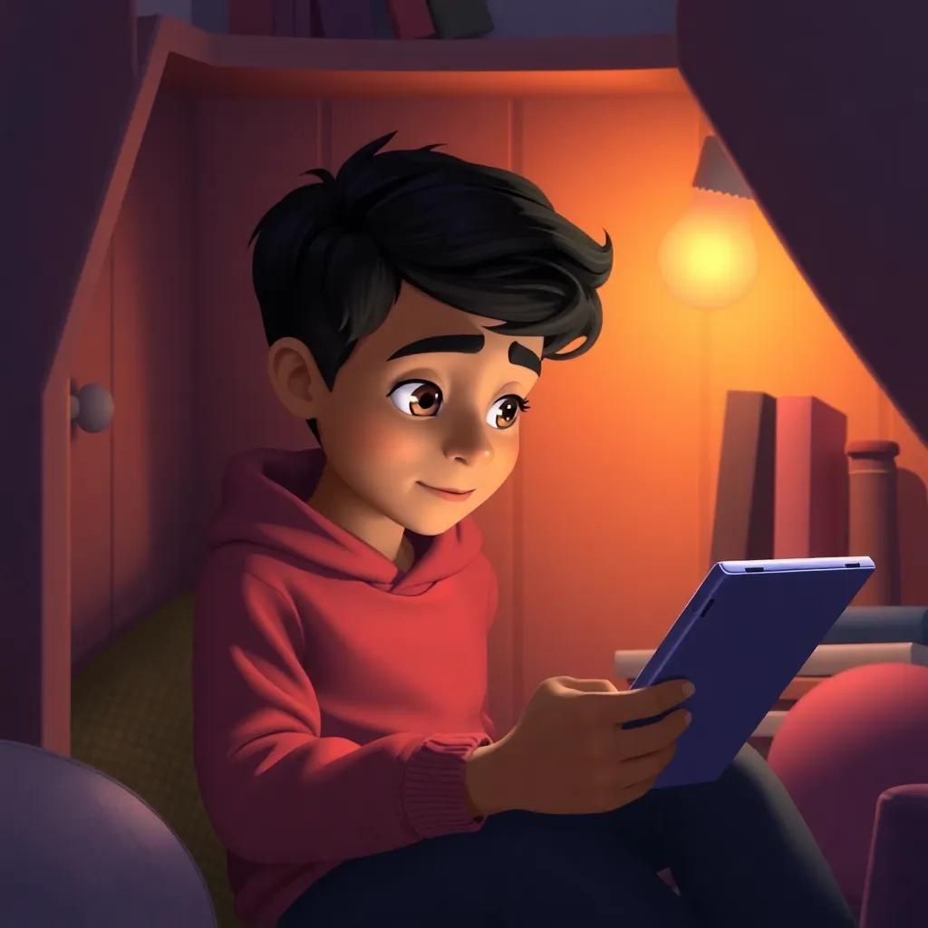 Salem, a thoughtful student, practicing math with a tablet, sitting in a cozy reading nook, soft lighting, warm colors, inviting space