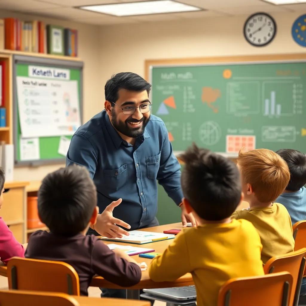 Suleiman encouraging students with a smile during an extra lesson, surrounded by interactive math materials, friendly classroom environment, vivid imagery