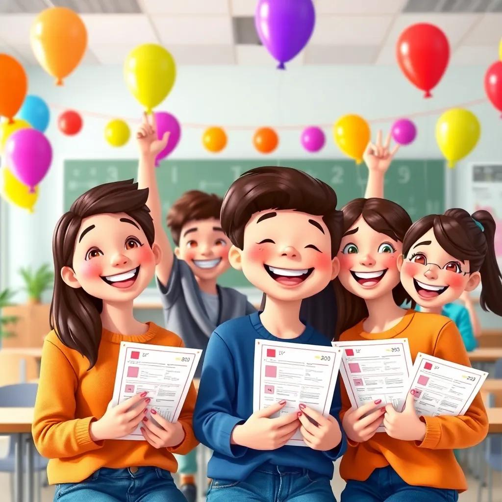 Students celebrating their success with smiles and cheerful vibes, holding their test scores, classroom decorated with colorful balloons, joyful atmosphere, high quality