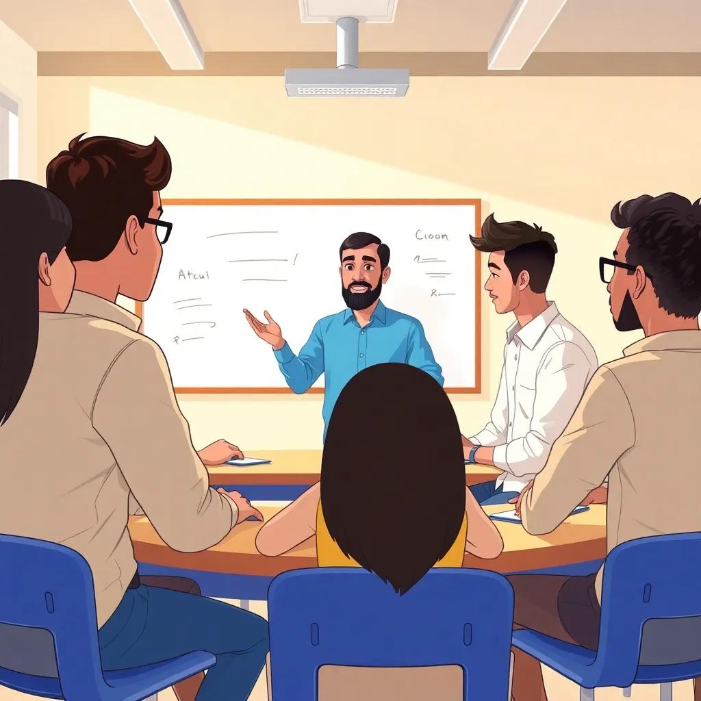 Suleiman facilitating a group discussion among students, illustration of collaboration and sharing ideas, bright classroom with a whiteboard, vibrant setting