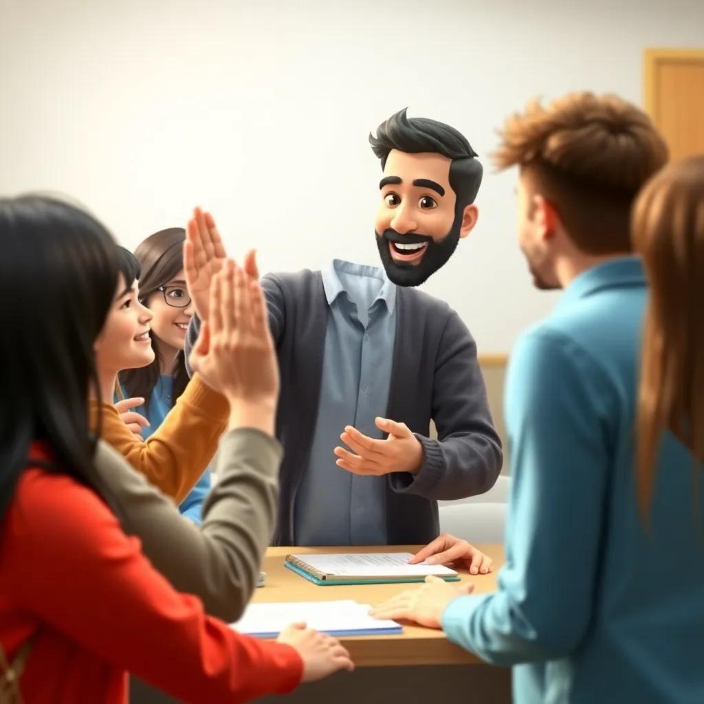 Suleiman being praised by students after a successful semester, with high-fives and laughter, representing a warm teacher-student bond, digital art
