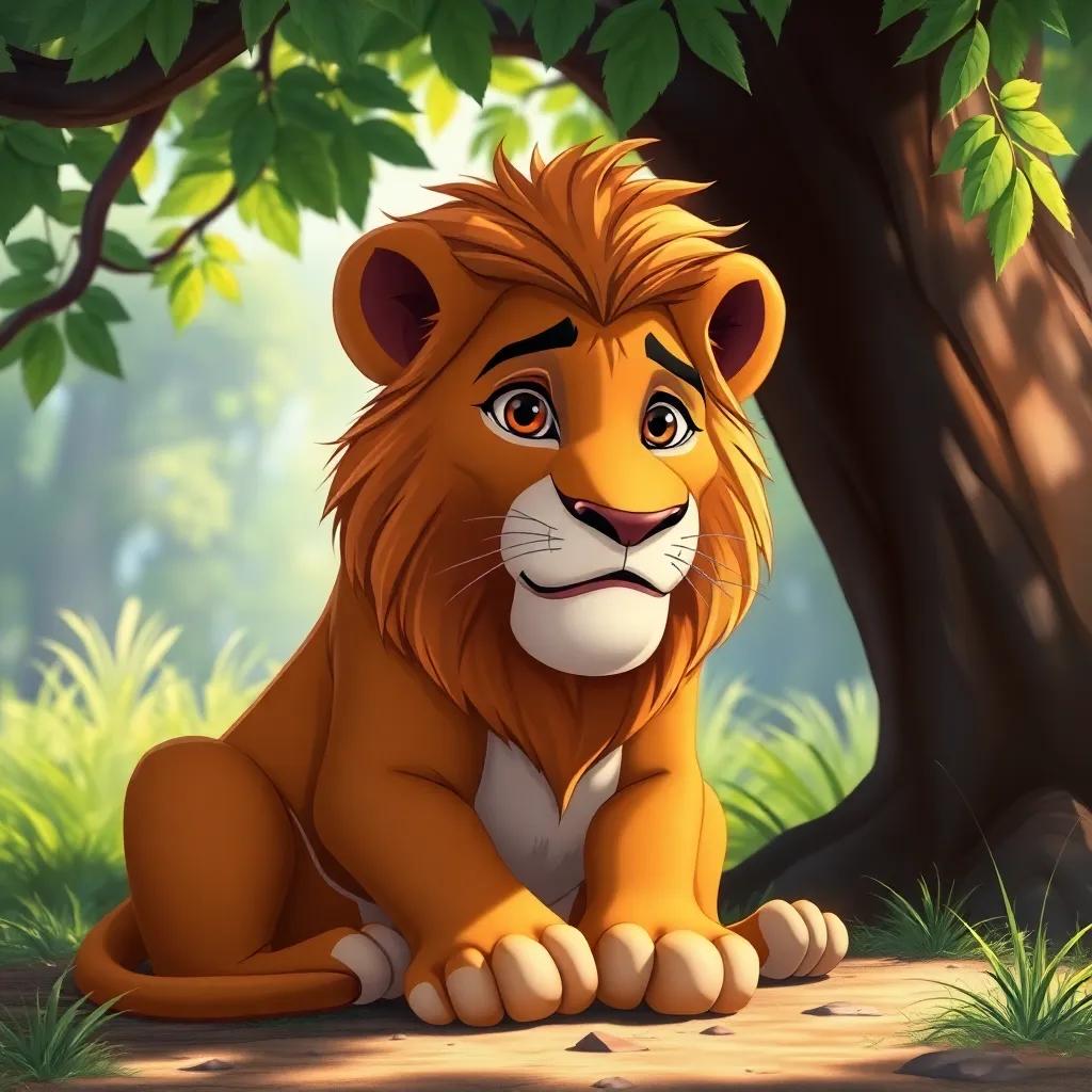 A lion, the king of the jungle, looking hungry, sitting under a tree, with a sad expression, sunlight filtering through leaves, vibrant colors, realistic, animal portrait, high quality