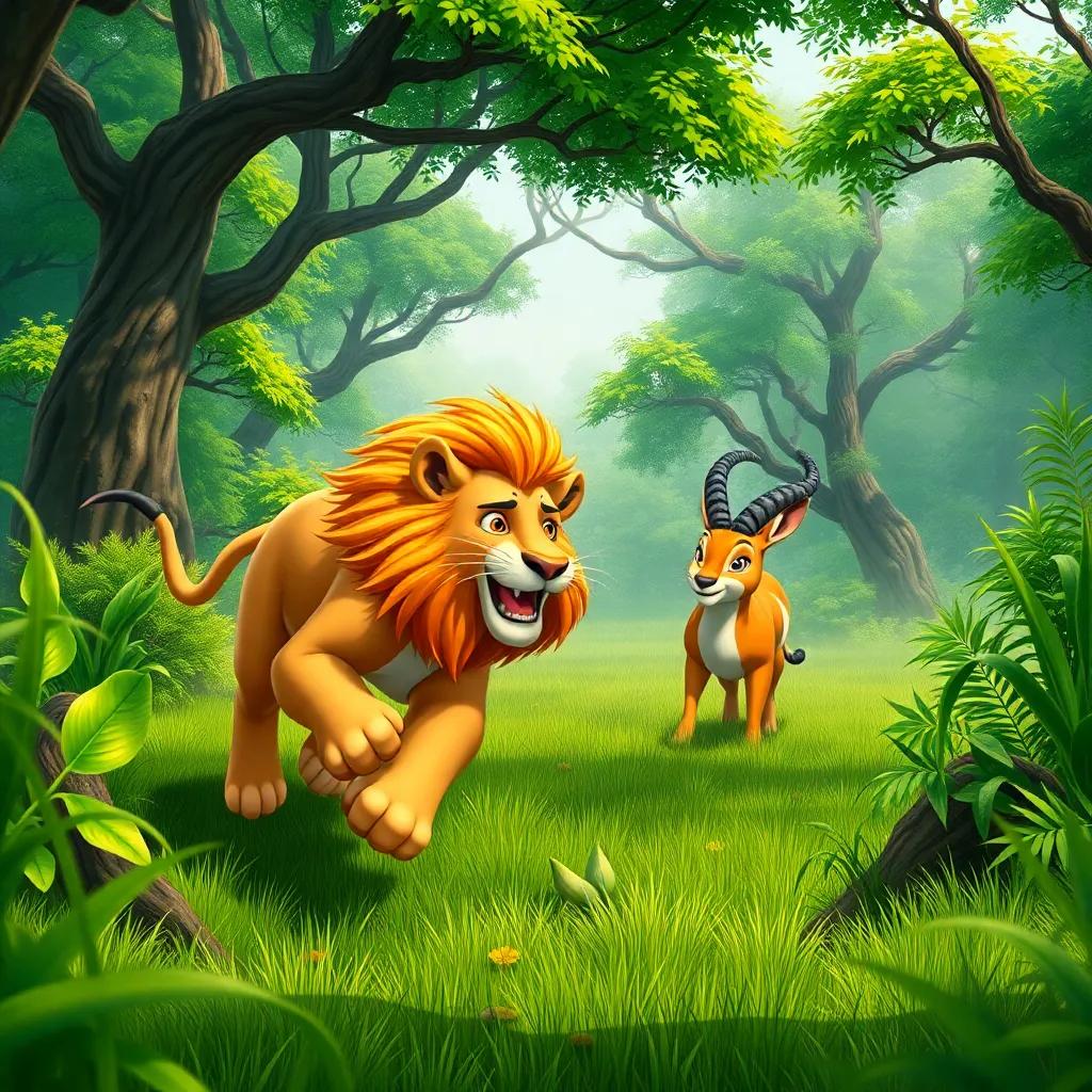 A lion charging through a lush green forest, with a beautiful gazelle in sight, trees and plants surrounding them, dynamic pose, vibrant colors, child-friendly, adventure scene, high quality