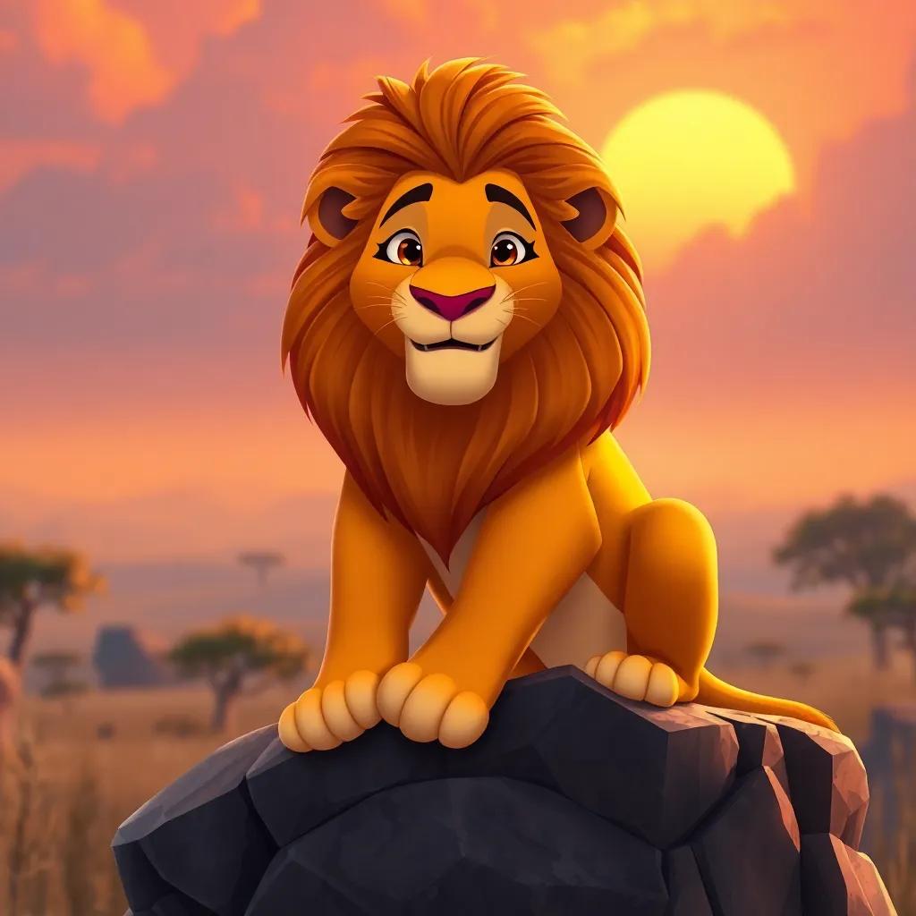 A big lion named Leon, golden-brown fur, with a thick mane, sitting majestically on a rock in the savanna, warm sunset light, vibrant colors, friendly atmosphere, high quality