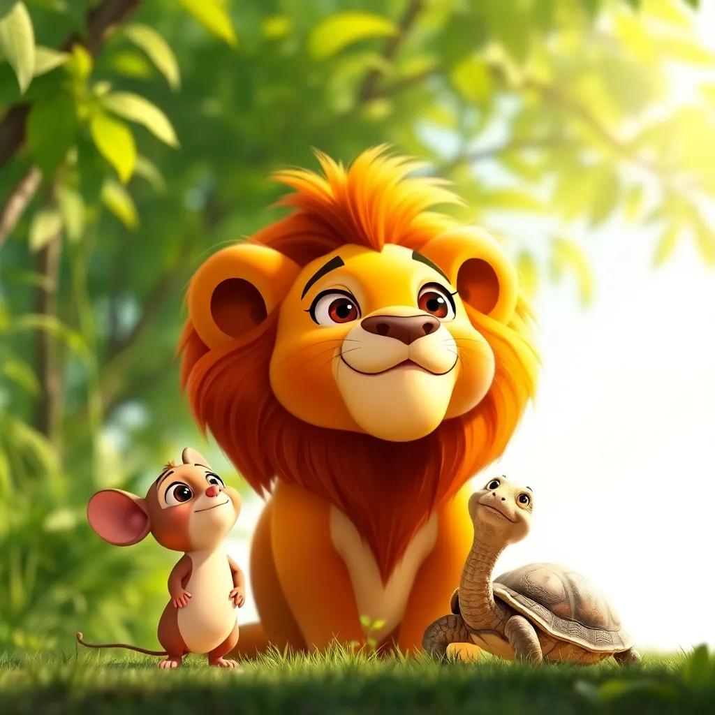 Small animals like a mouse and a turtle, looking up at Leon the lion with curious faces, standing in a green lush area, bright day, cheerful colors, engaging perspective, heartwarming scene