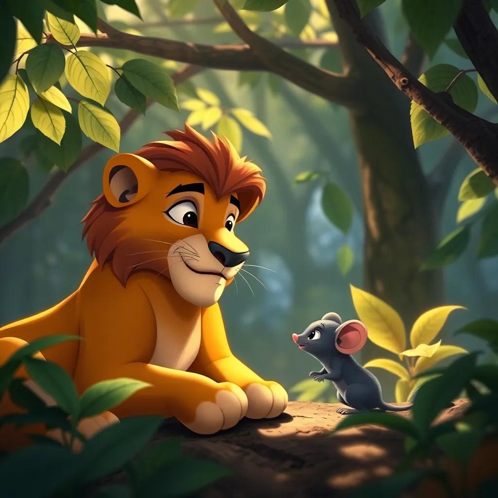 Leon the lion giving advice to the small mouse, who looks nervous, in a shaded part of the jungle, beautiful leaves around, gentle light filtering through trees, comforting atmosphere, detailed