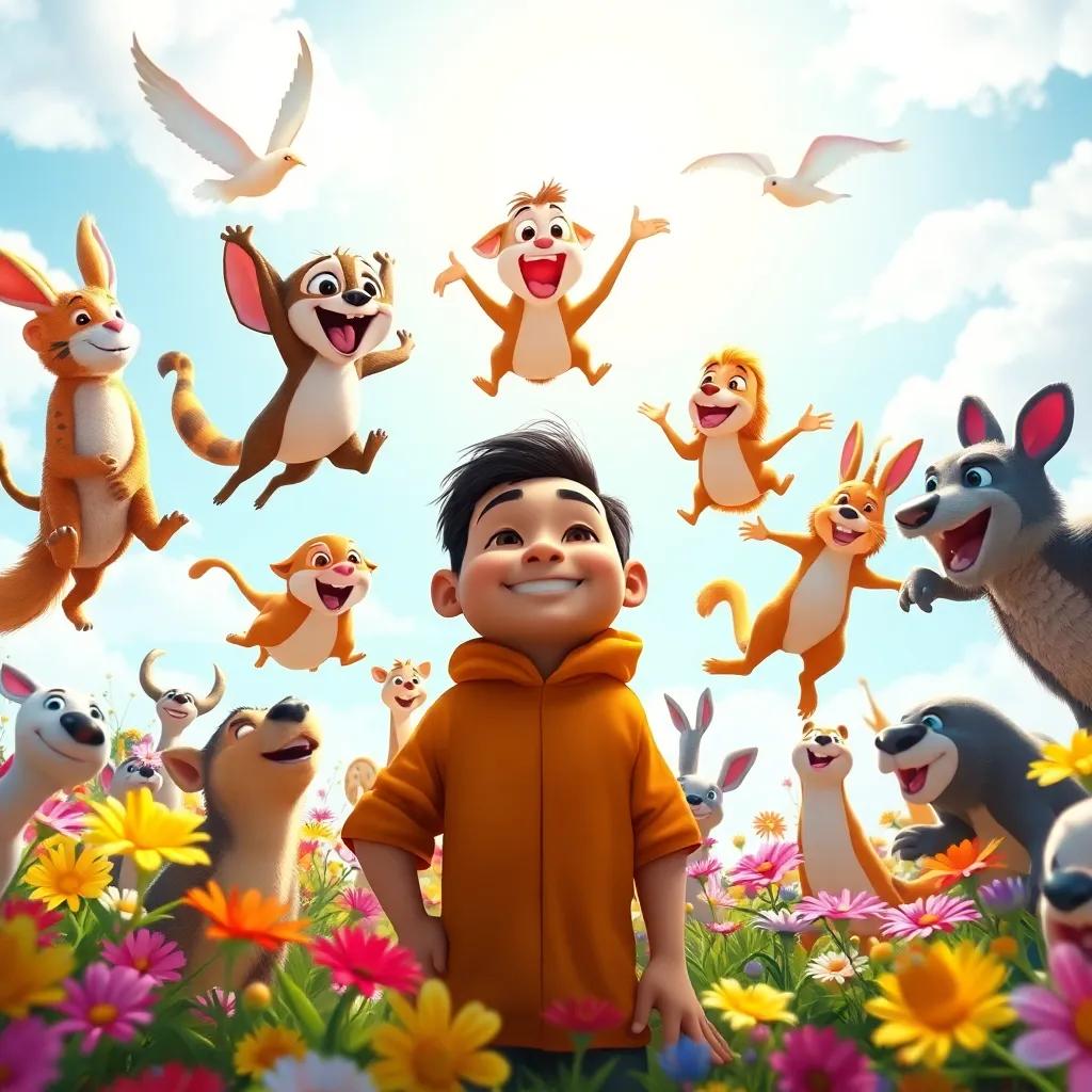 Animals feeling empowered, with a bright sunny sky above, jumping and playing joyfully around Leon, who smiles proudly, colorful flowers around, uplifting mood, vivid depiction