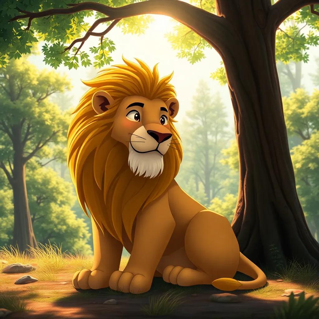 A big lion named Raouf, with a golden mane, sitting under a tall tree in a beautiful forest with sunlight filtering through, digital art, warm colors, serene atmosphere, high quality