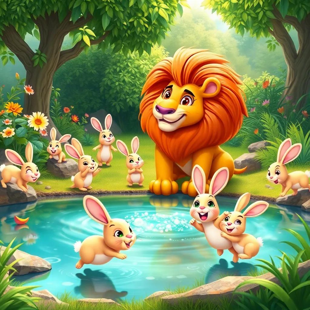 A group of small rabbits happily bouncing around Raouf, the wise lion, near a sparkling pond surrounded by lush greenery, cheerful scene, colorful, friendly
