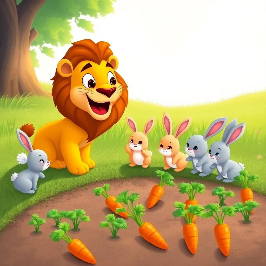 Raouf the lion guiding the little rabbits towards a patch of fresh carrots, with bright orange carrots peeking out of the ground, illustration, vibrant colors, joyful moment