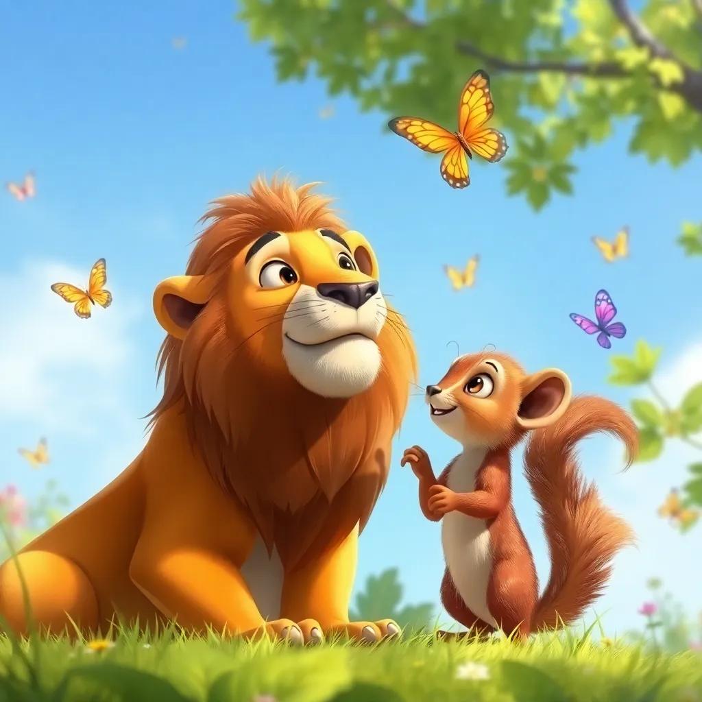 A small squirrel looking up at Raouf the lion with curious eyes, as Raouf gives wise advice, in a sunny glade with friendly butterflies fluttering, digital painting, uplifting, engaging